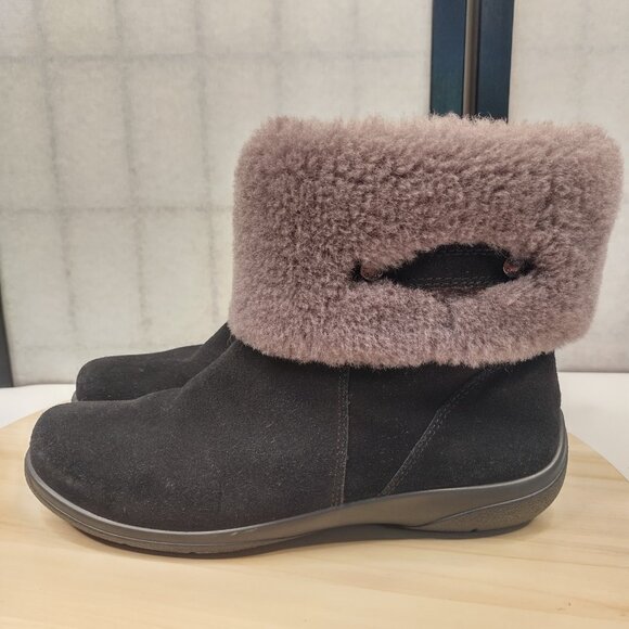 Abeo Zahra Suede Shearling Cuff Sheepskin Water Resistant Black Boots Women US 7 - Picture 5 of 12